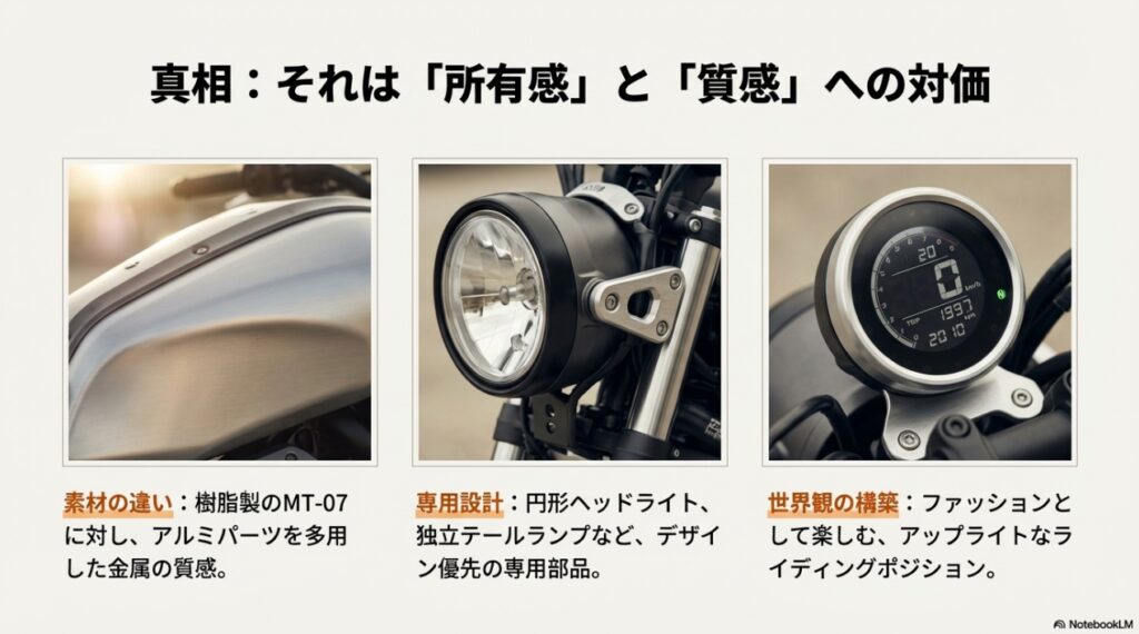 XSR700の質感の高さを示すアルミタンクカバー、ヘッドライト、メーターのパーツ画像