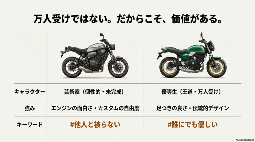XSR700とライバル車（Z650RS・MT-07）のキャラクター比較表（芸術家vs優等生）