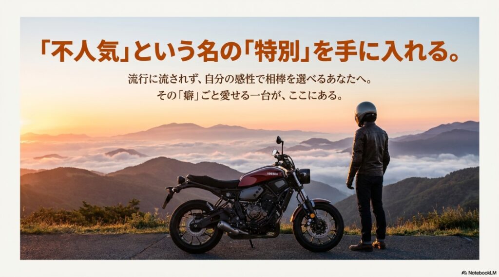 夕暮れ時のXSR700とライダー、「不人気という名の特別を手に入れる」というメッセージ