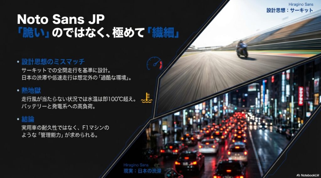 YZF-R1の設計思想であるサーキット走行と、日本の渋滞などの過酷な使用環境のミスマッチによる不具合リスクを解説した図