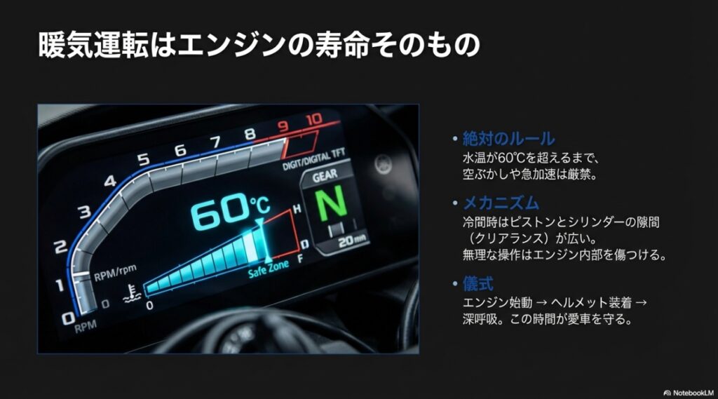 YZF-R1のメーターパネル画像とともに、水温60℃までは空ぶかし厳禁である理由とエンジンのクリアランスについて解説したスライド