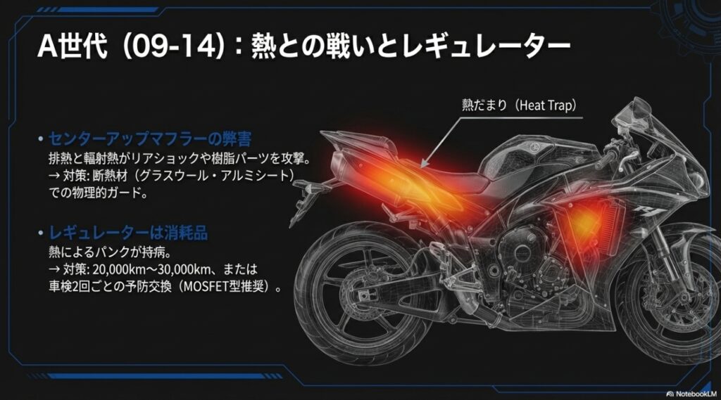 YZF-R1 A世代（2009-2014年モデル）特有の熱問題とレギュレーターパンク対策、断熱材による保護についてまとめたスライド