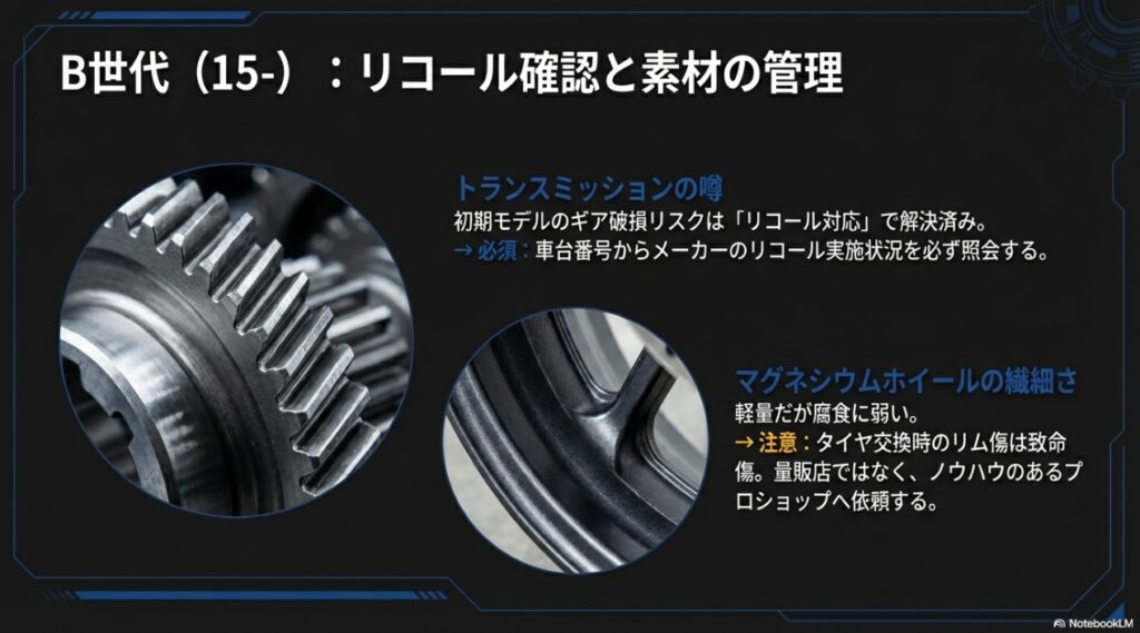 YZF-R1 B世代（2015年以降）におけるトランスミッションのリコール確認の重要性と、マグネシウムホイールの腐食リスクについて解説したスライド