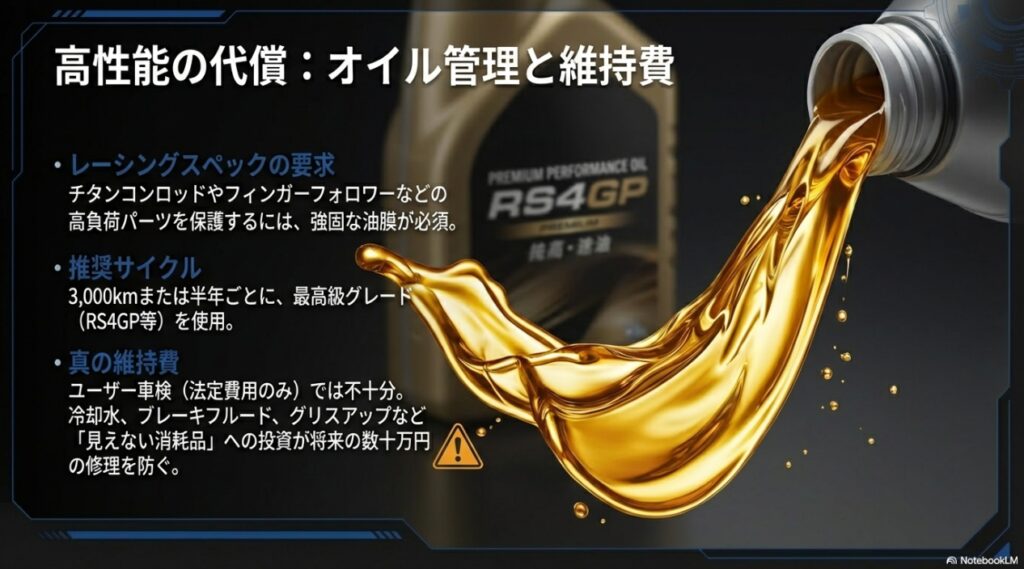 YZF-R1のレーシングスペックエンジンを保護するためのオイル交換サイクルと、車検費用以外にかかる消耗品の重要性を解説したスライド