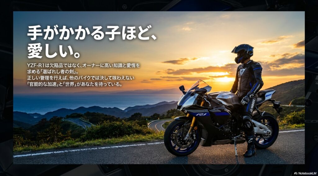 「手がかかる子ほど愛しい」というメッセージと共に、YZF-R1がオーナーに求める知識と愛情、そしてそれに応えて提供してくれる官能的な加速について記された、記事を締めくくる結論のスライド
