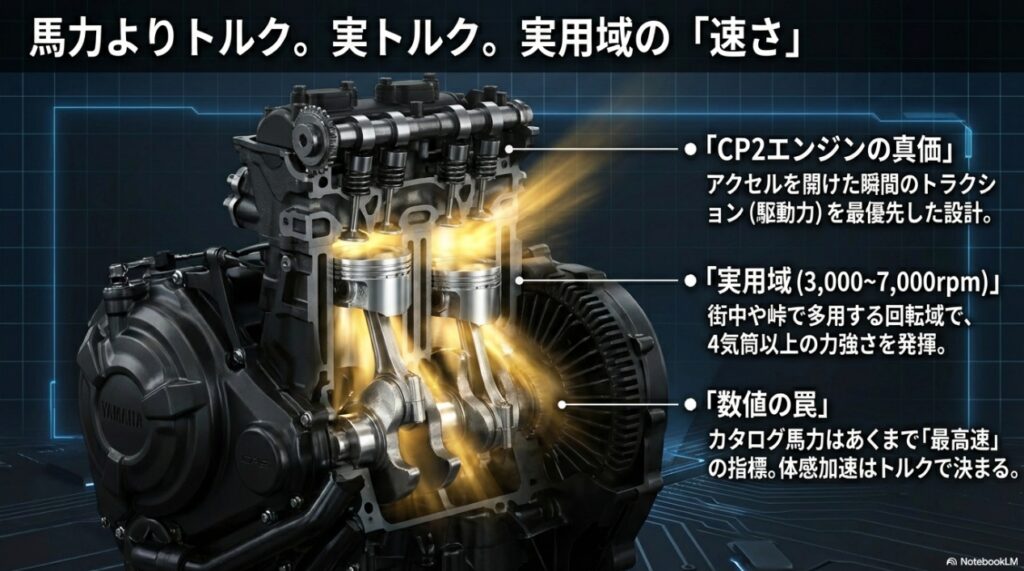YZF-R7 CP2エンジン トルク特性 実用域の速さ カタログスペック