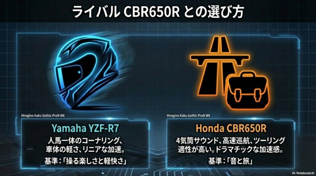 YZF-R7 CBR650R 比較 選び方 ツーリング適性 コーナリング