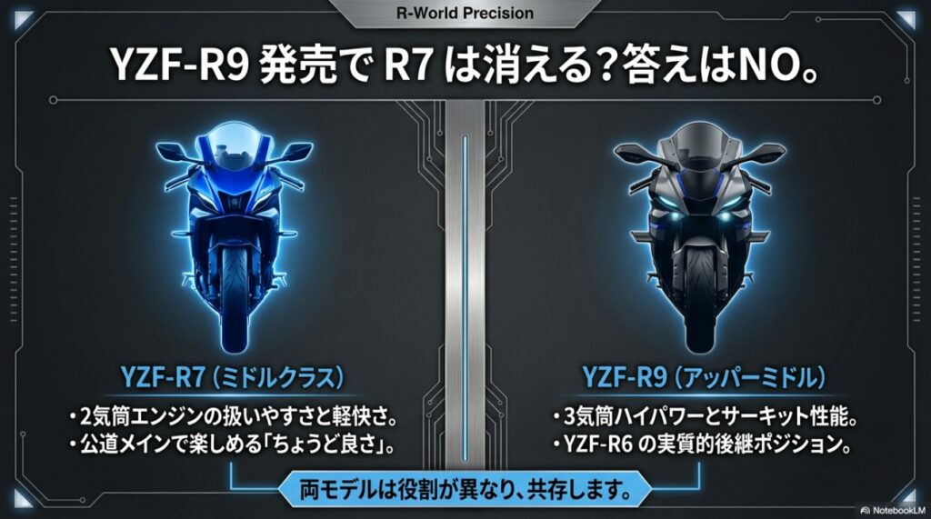 YZF-R7とYZF-R9の役割の違いと共存について。R9発売でR7は消えない。