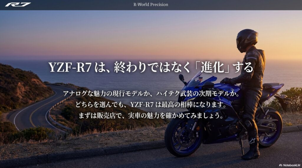 YZF-R7は終わりではなく進化する。アナログな現行かハイテクな次期型か、実車を確認しよう。