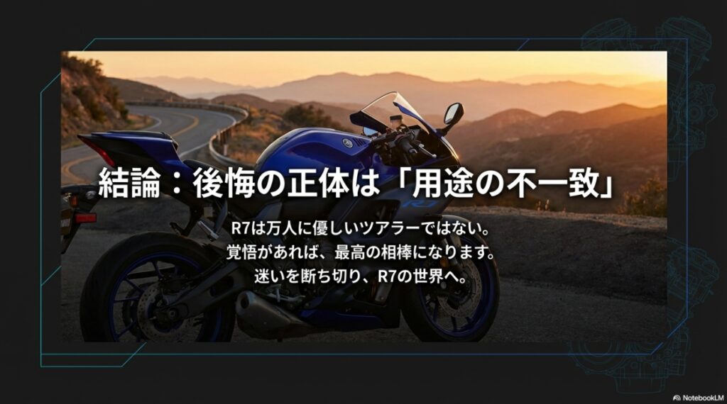 YZF-R7は万人に優しいツアラーではなく、覚悟を持ったライダーにとって最高の相棒になるという結論スライド。