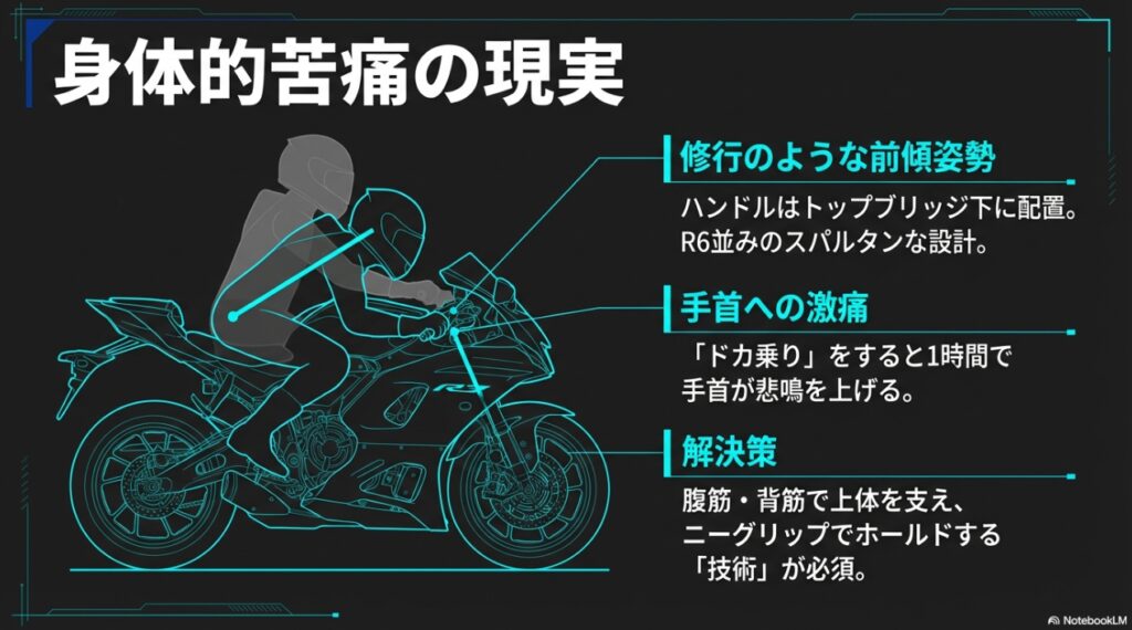 YZF-R7の前傾姿勢を示すスケルトン図。ハンドル位置が低く、ライダーの上半身が深く被さる構造を解説 。