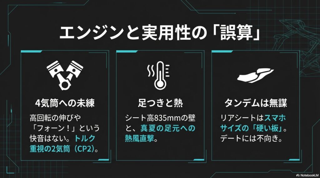 2気筒エンジンのピストンアイコンと共に、高回転の伸びや快音がないこと、足つきや熱の問題点をまとめた解説画像 。