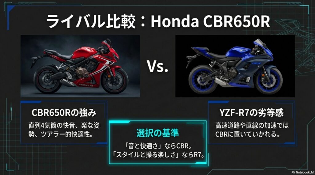 ヤマハYZF-R7とホンダCBR650Rの比較画像。直列4気筒の快適性を持つCBRに対し、R7が劣等感を感じやすいポイントを図解 。