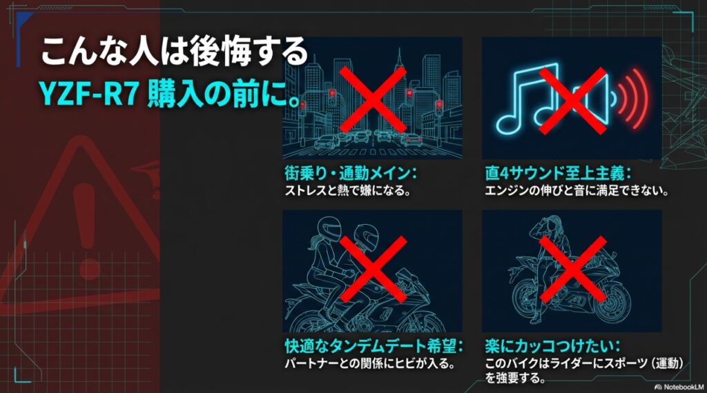 街乗り、直4サウンドへの期待、タンデムデートなどの用途でYZF-R7を選ぶと後悔することを示した警告画像 。