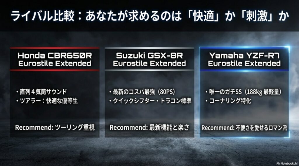 YZF-R7とライバル車（CBR650R, GSX-8R）の比較チャート