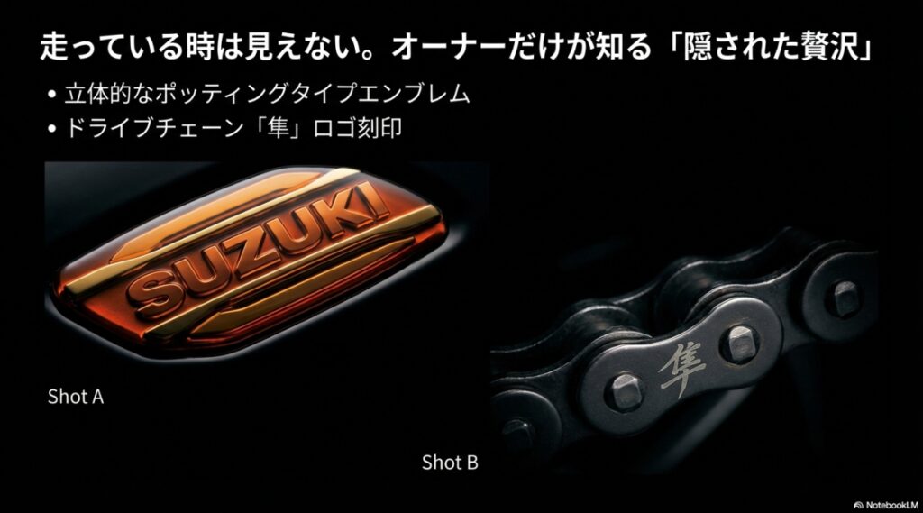 【300台限定】隼スペシャルエディションの正体とは?専用装備の質感から中古相場のプレミア化まで完全網羅 オーナーだけが知る隠された贅沢。ポッティングタイプエンブレムとドライブチェーンの隼ロゴ刻印