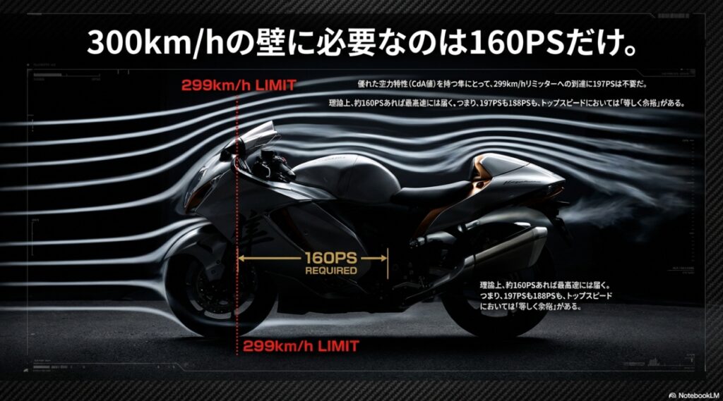 優れた空力特性を持つ隼にとって299km/h到達に必要なのは理論上約160PSであり、197PSも188PSも等しく余裕があることを示す図 。