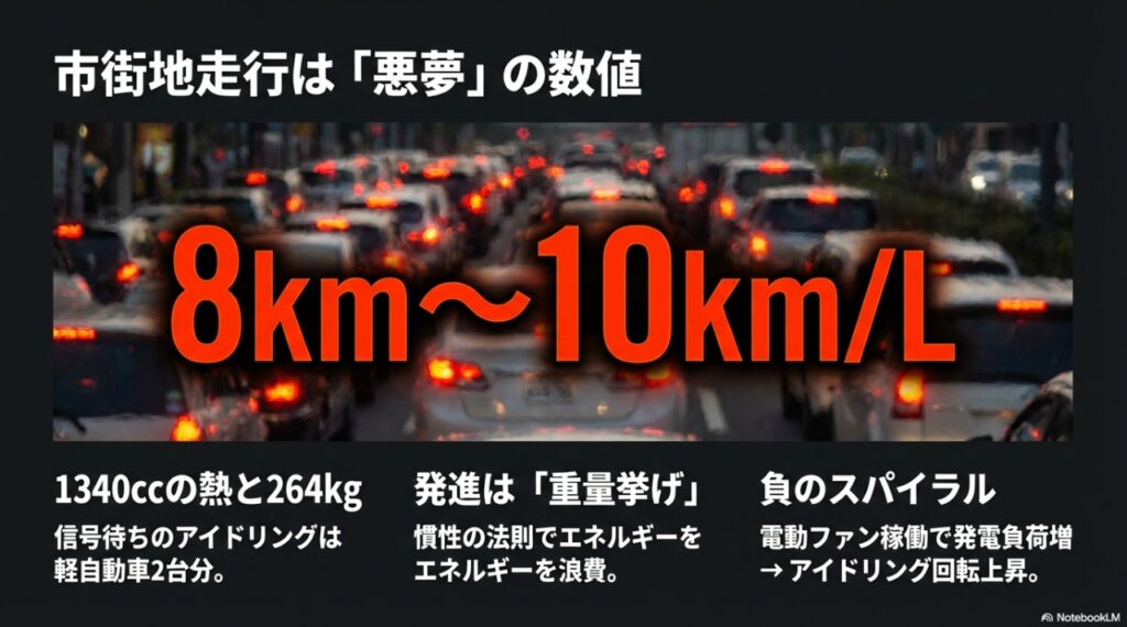 市街地走行はリッター8〜10kmの悪夢。エンジンの熱、重量、アイドリングが燃費悪化の原因