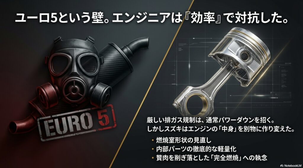 厳しいユーロ5排ガス規制に対し、燃焼室形状の見直しや内部パーツの徹底的な軽量化など、効率で対抗したエンジンの進化図解 。
