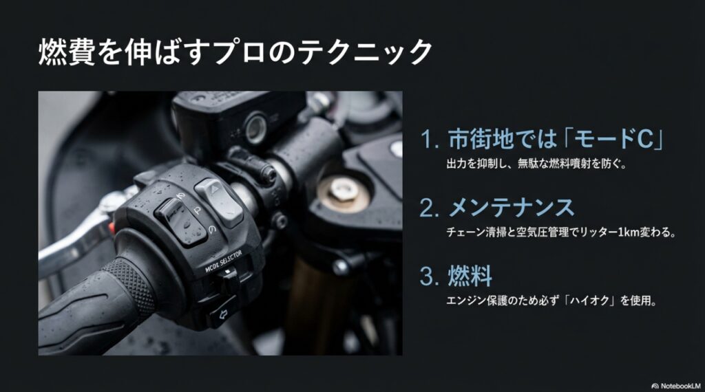 燃費を伸ばすテクニック：市街地でのモードC、チェーン清掃、ハイオク使用の重要性