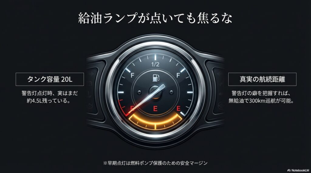 給油ランプ点灯時の残量は約4.5L。警告灯の癖を把握すれば無給油で300km巡航可能