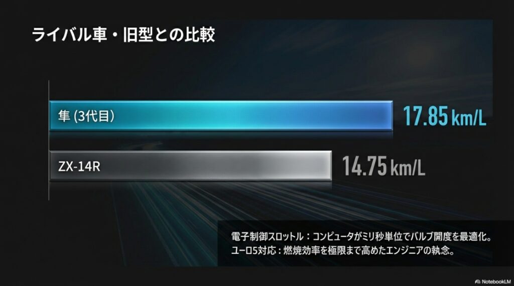 隼3代目とZX-14Rの燃費比較。電子制御スロットルとユーロ5対応で効率化