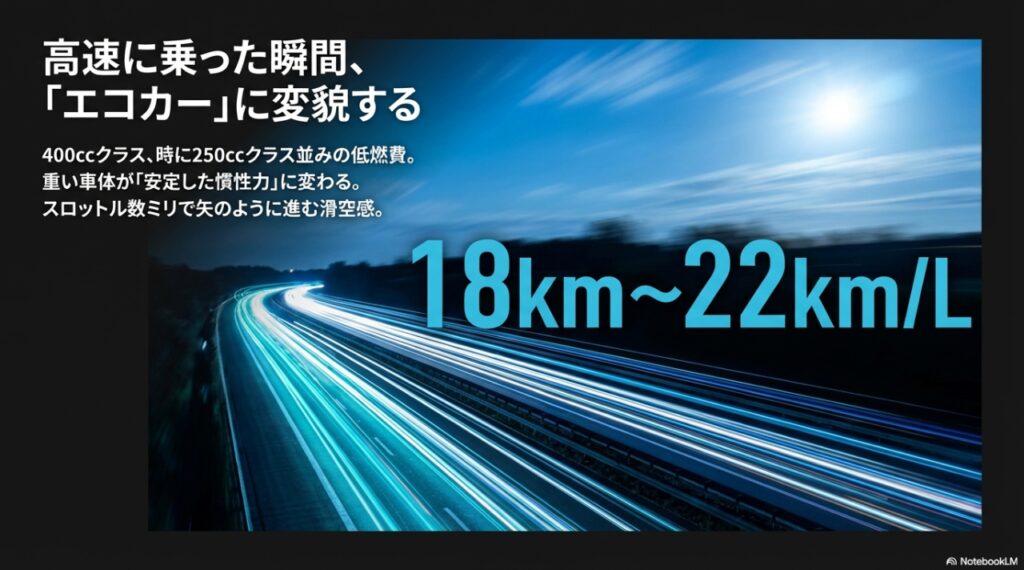 高速道路ではリッター18〜22kmのエコカーに変貌。400ccクラス並みの低燃費と滑空感