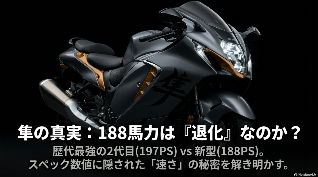 隼の馬力推移を徹底検証!197PSからダウンしても3代目が「実質最速」である真実 188馬力は退化なのか、歴代最強の2代目と新型のスペック数値に隠された速さの秘密を解き明かすタイトル画像 。