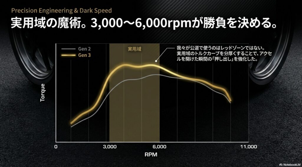 3000から6000rpmの実用域において、3代目のトルクカーブが2代目を上回り、アクセルを開けた瞬間の押し出しが強化されていることを示すグラフ 。