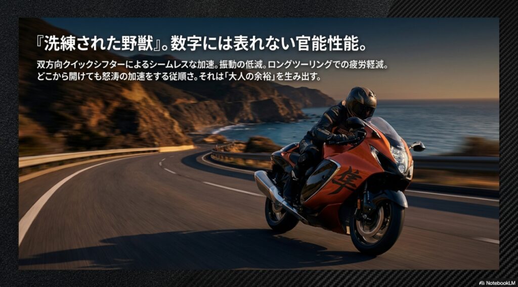 双方向クイックシフターによるシームレスな加速や振動の低減、ロングツーリングでの疲労軽減など、数字には表れない洗練された野獣の官能性能と大人の余裕。
