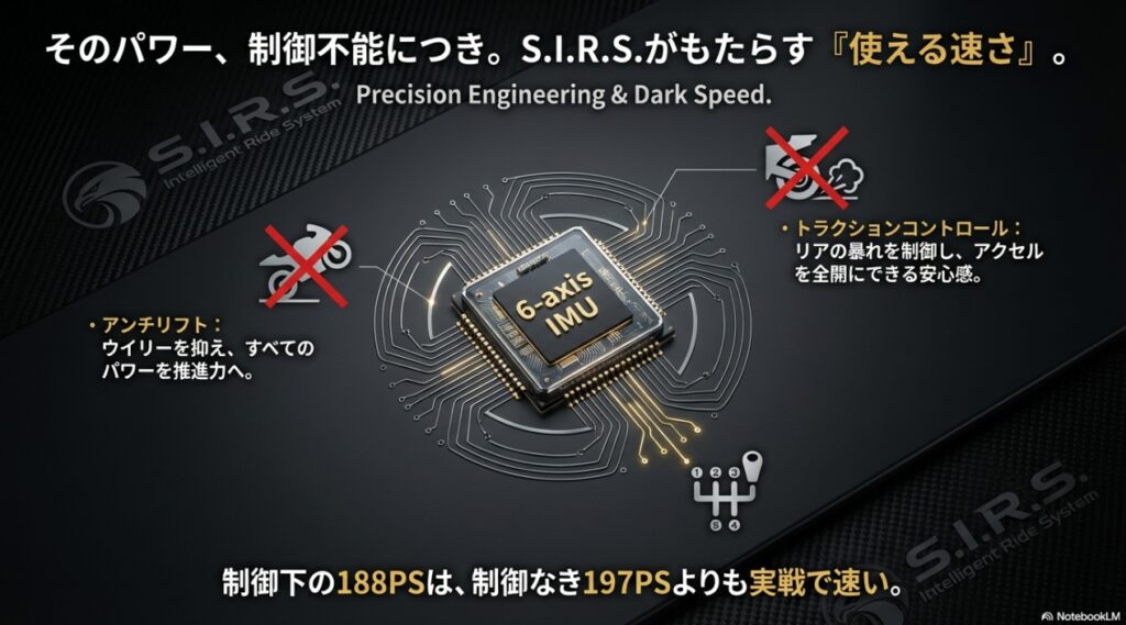 アンチリフトやトラクションコントロール機能により、すべてのパワーを推進力へ変え、リアの暴れを制御するS.I.R.S.の解説。制御下の188PSは実戦で速い 。
