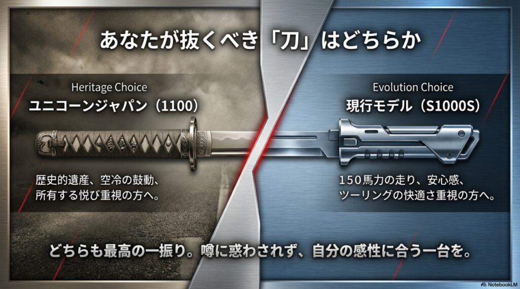 伝統の1100（ユニコーンジャパン）か、進化の現行モデルか。ライダーが選ぶべき2つの選択肢を比較した結論スライド