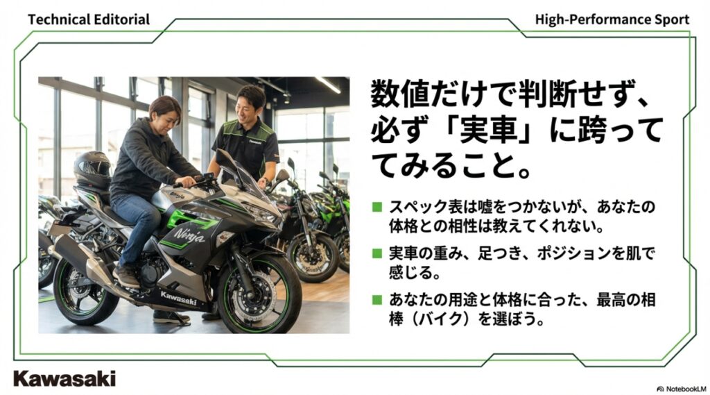 数値だけで判断せず店舗で実車に跨って足つきやポジションを確認する様子