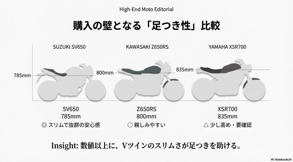 Z650RS、XSR700、SV650のシート高と足つき性比較