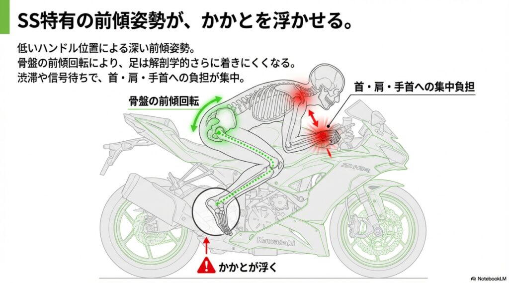 スーパースポーツ特有の低いハンドルと骨盤の前傾回転がかかとを浮かせるメカニズム