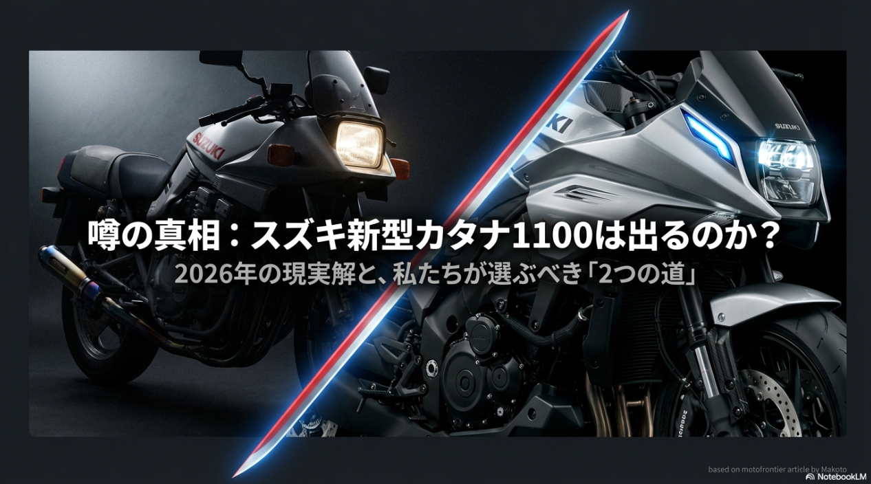 スズキカタナ1100の新型は本当に出るのか?噂の真相と私たちが選ぶべき2026年の現実解 スズキ新型カタナ1100の噂の真相と2026年の現実的な選択肢についてのスライド表紙