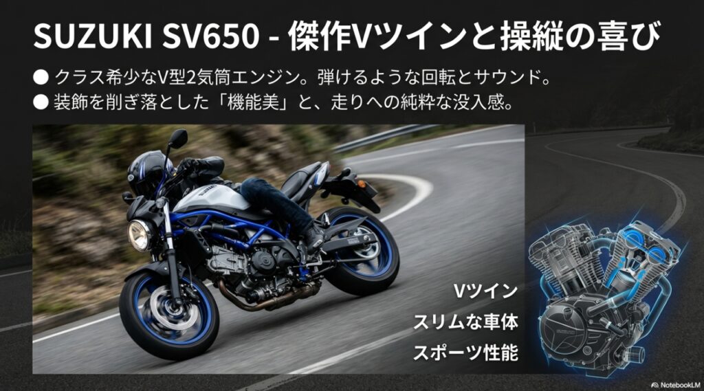 SUZUKI SV650の希少なVツインエンジンと機能美