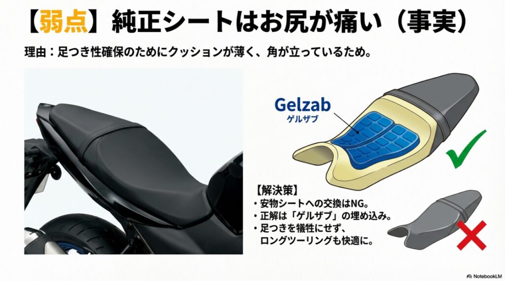 SV650で後悔する人、しない人の決定的な違い。「つまらない」という噂の正体と、欠点を愛着に変える方法 SV650の純正シートの痛み対策としてのゲルザブ埋め込み加工の図解