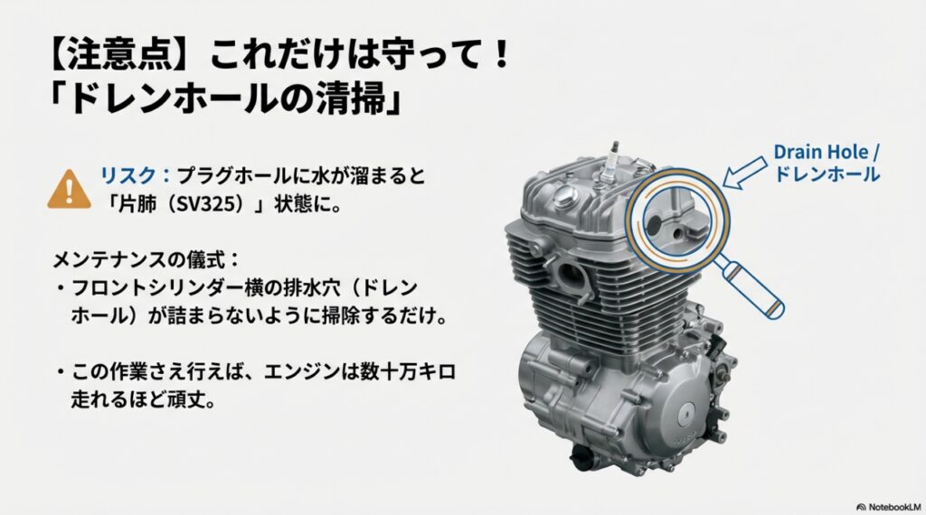 SV650で後悔する人、しない人の決定的な違い。「つまらない」という噂の正体と、欠点を愛着に変える方法 SV650の片肺トラブル(SV325)を防ぐためのドレンホール清掃位置の図解