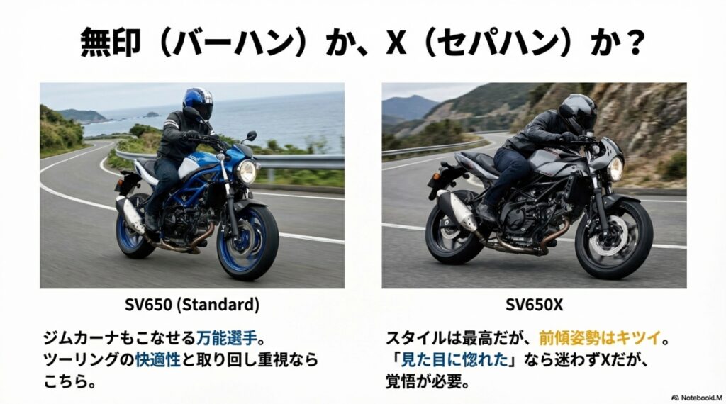 SV650で後悔する人、しない人の決定的な違い。「つまらない」という噂の正体と、欠点を愛着に変える方法 SV650(無印・バーハンドル)とSV650X(セパレートハンドル)のスタイル比較