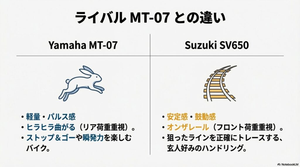 SV650で後悔する人、しない人の決定的な違い。「つまらない」という噂の正体と、欠点を愛着に変える方法 ヤマハMT-07の軽快感とスズキSV650の安定感を比較したイメージ図