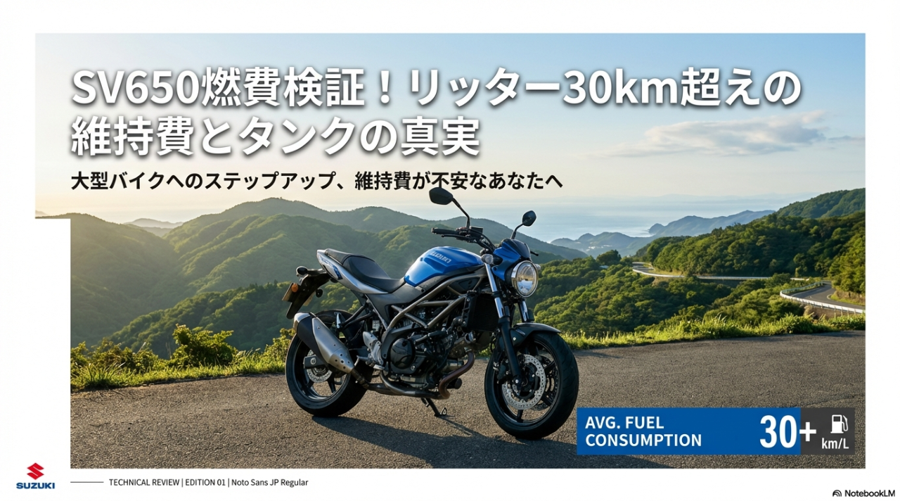 SV650の燃費と維持費を徹底検証!実燃費30km超えの記録と14Lタンクの真実 スズキSV650の燃費検証。リッター30km超えの低燃費性能と維持費の真実を示すアイキャッチ画像