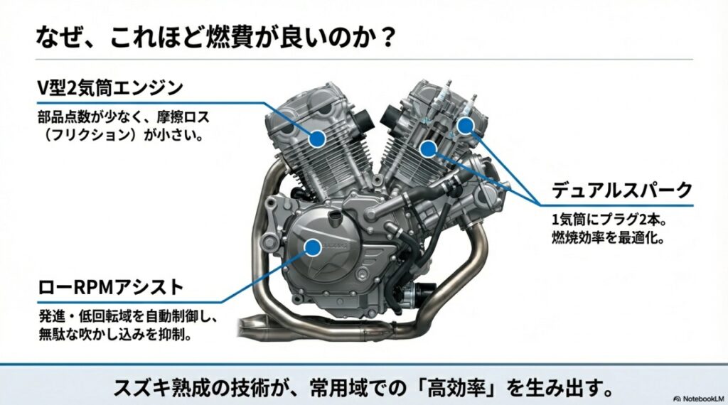 SV650のV型2気筒エンジン断面図とデュアルスパーク・ローRPMアシストの解説