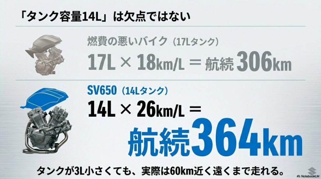 SV650の14Lタンクと燃費の悪い17Lタンク車の航続距離比較図