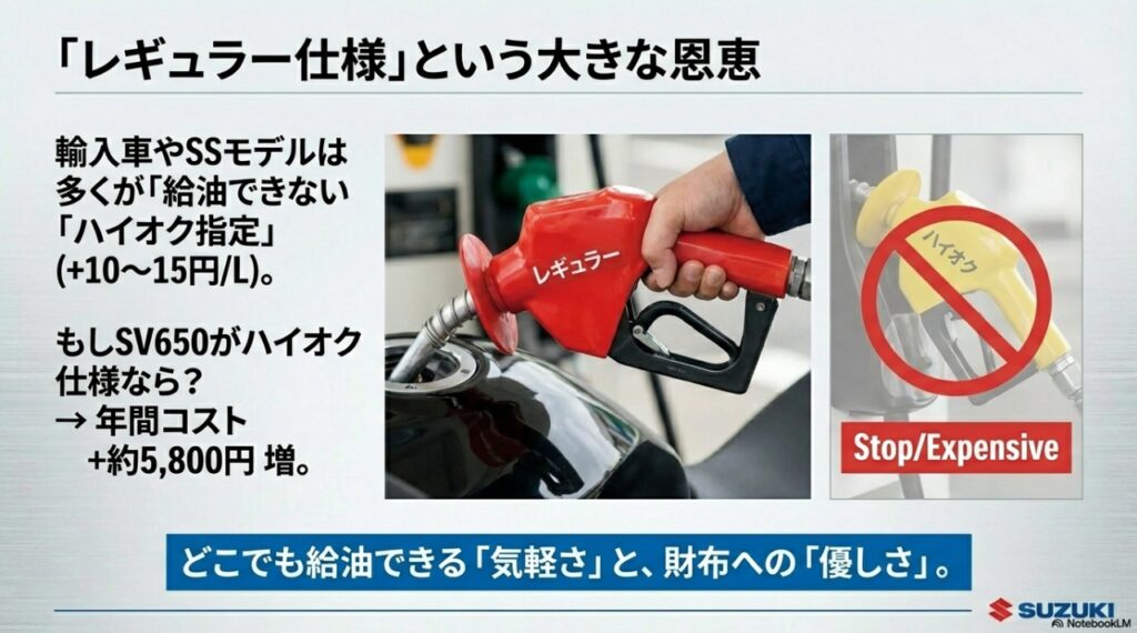 レギュラーガソリン仕様のSV650とハイオク指定車の燃料コスト差イメージ
