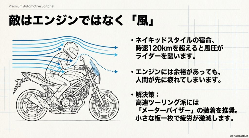 ネイキッドバイク走行時の空気抵抗とライダーへの風の流れ図解
