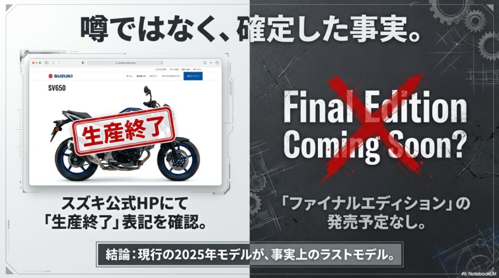 スズキ公式サイトでのSV650生産終了表記とファイナルエディション不在の確認
