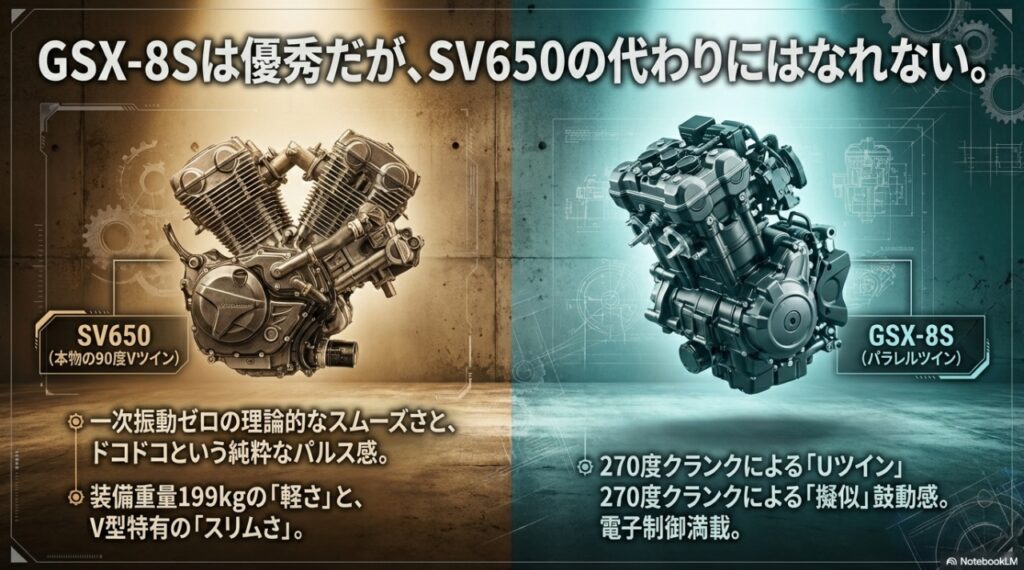 SV650のVツインとGSX-8Sのパラレルツインエンジンの鼓動感比較