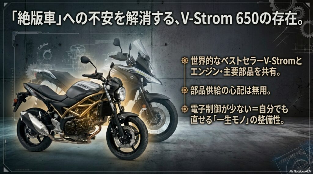 V-Strom650との部品共有によるSV650の長期維持と部品供給の安心感