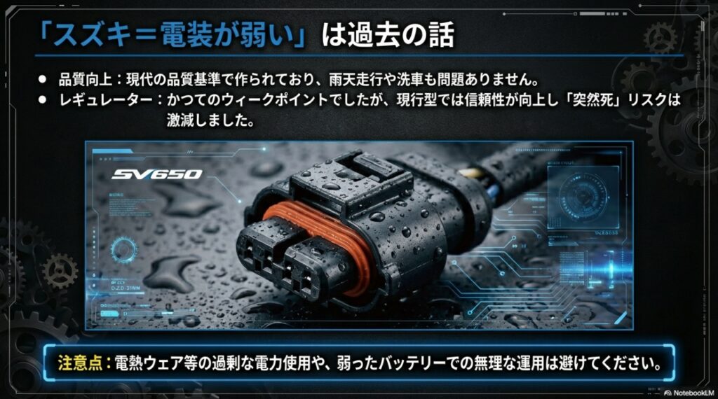 SV650の持病は本当にある?「壊れやすい」噂の正体と購入前に知るべき故障・弱点の全貌 品質が向上した防水カプラーと信頼性の高い電装部品